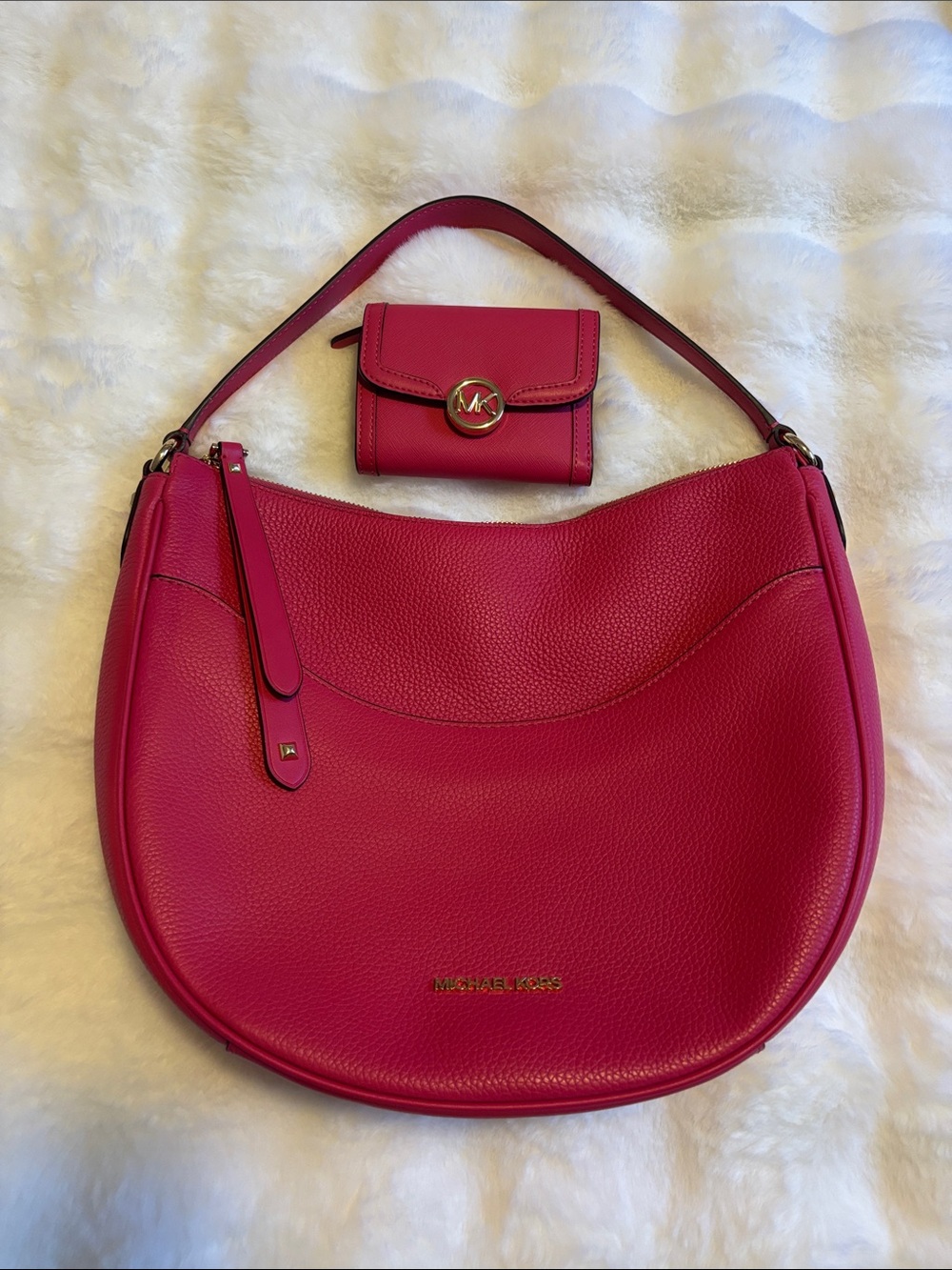 Michael Kors Hot Pink Pebbled Leather Shoulder Hobo with Card Case